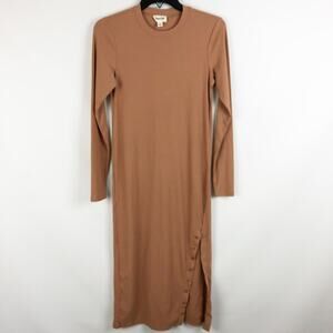 Open Edit Womens Ribbed Midi Dress Small Tan Knit Side Slit Button Detail NWOT